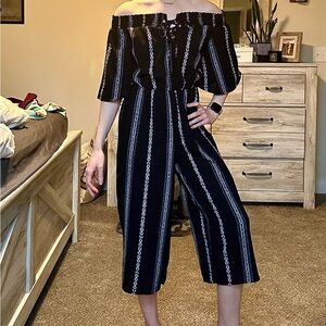 Bailey Blue Off-Shoulder Black and White Striped Jumpsuit